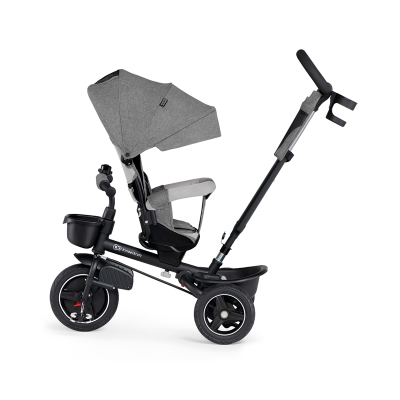 Triciclo infantil cinza e preto com alça e copo suporte