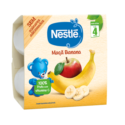 Embalagem de comida para bebês Nestlé Maçã Banana com urso azul e frutas