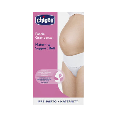 Embalagem de faixa de suporte de maternidade Chicco branca com imagem de mulher grávida
