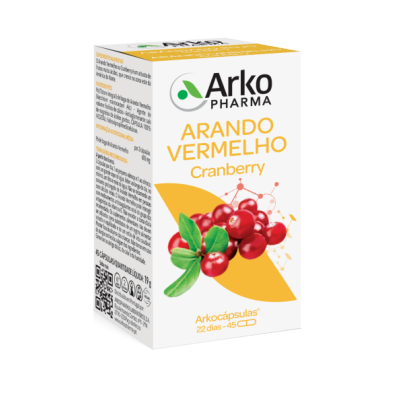 embalagem de suplemento alimentar com arando vermelho e texto em português e inglês