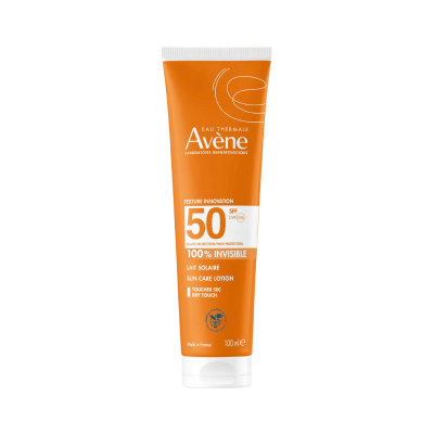 Leite solar Avène SPF 50 em frasco laranja com tampa branca