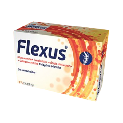 Caixa de suplementos Flexus com 50 comprimidos em tons laranja e amarelo