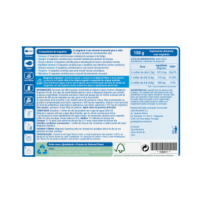 Etiqueta de suplemento Magnesio Supremo com informações e certificações em fundo azul