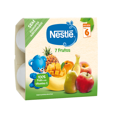 Pack de sobremesa Nestlé 7 Frutos com imagens de frutas e informações nutricionais