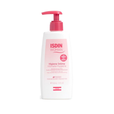 Garrafa branca de gel íntimo ISDIN Woman com doseador rosa