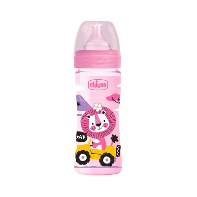 Biberão rosa com tampa transparente decorado com leão em carro amarelo e flores