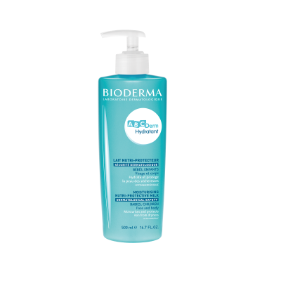 Frasco azul Bioderma ABCDerm Hydratant com bomba branca de 500 ml