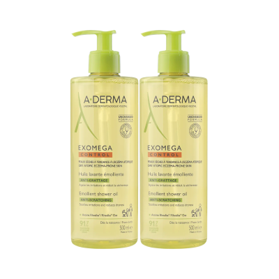 Duas embalagens de óleo de duche A-DERMA EXOMEGA CONTROL amarelas com tampas verdes