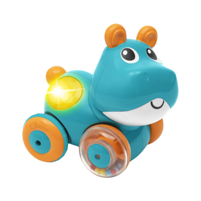 Brinquedo em forma de hipopótamo azul com rodas laranja e luz amarela
