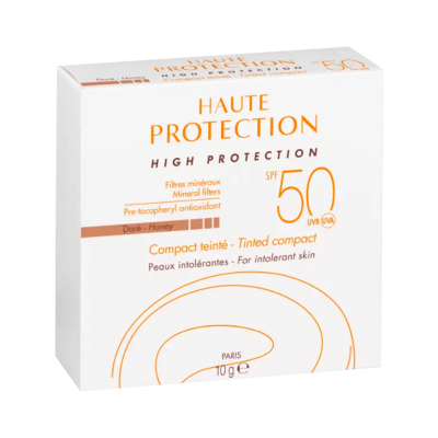 Caixa branca de protetor solar compacto com proteção alta SPF 50 e texto em laranja e preto.