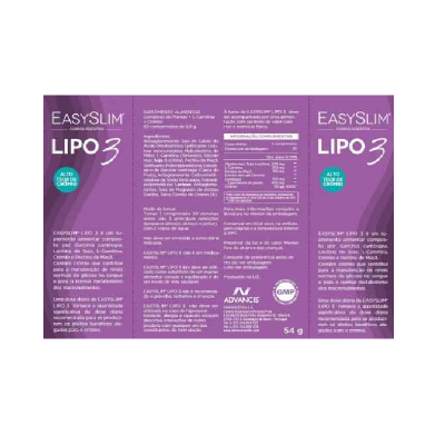 Embalagem roxa do suplemento EasySlim LIPO 3 com texto descritivo e selo GMP