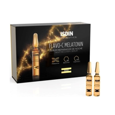 Embalagem preta de sérum ISDIN Flavo-C Melatonin com duas ampolas douradas
