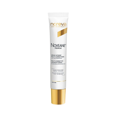 Sérum intensivo multi-correções Noreva Noveane Premium em frasco branco e dourado