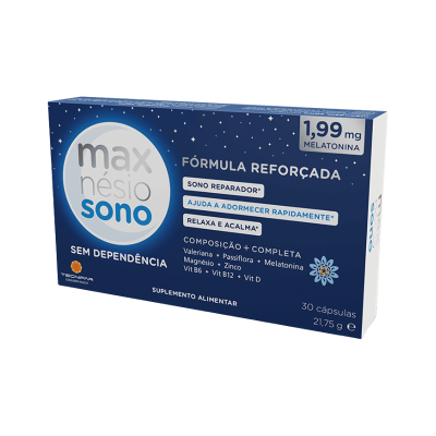 Embalagem azul escuro de suplemento max nésio sono com melatonina e composição detalhada