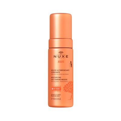 Mousse autobrônzea hidratante NUXE SUN embalagem laranja 150 ml com código Spotify