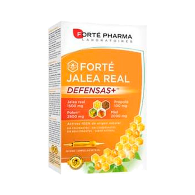 Embalagem do suplemento Forté Jalea Real Defensas+ com favo de mel e texto dos ingredientes