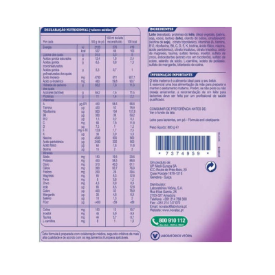 Etiqueta lilás de fórmula infantil em pó com tabela nutricional e texto informativo