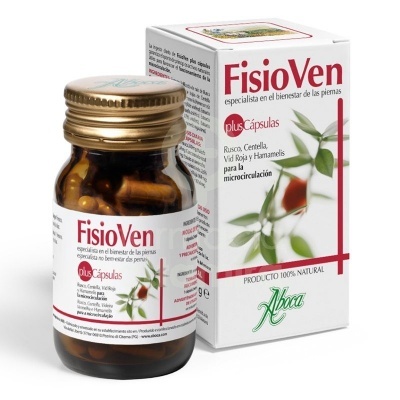 Frasco e embalagem do suplemento FisioVen com texto em espanhol e ilustração de plantas