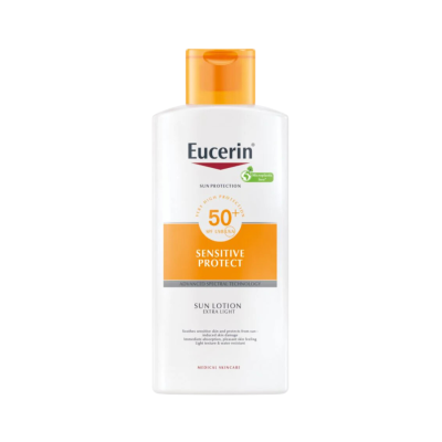frasco branco e laranja de loção solar Eucerin SPF 50+