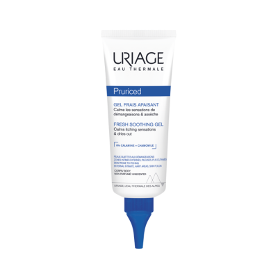 Frasco de gel fresco calmante URIAGE branco e azul com texto em francês e inglês