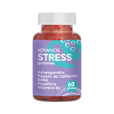 Frasco de gomas vermelhas com rótulo roxo e texto branco e azul