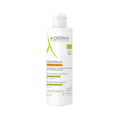 Frasco branco de gel emoliente A-DERMA EXOMEGA CONTROL 500 ml