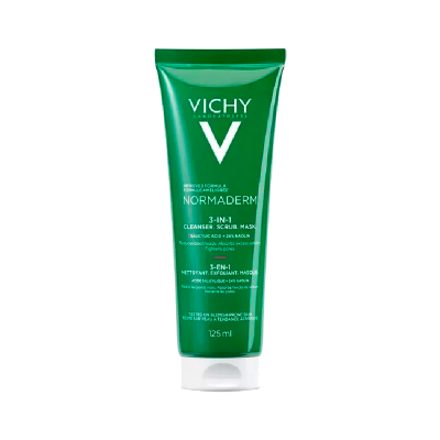 Frasco verde de Vichy Normaderm 3-IN-1 sobre fundo branco
