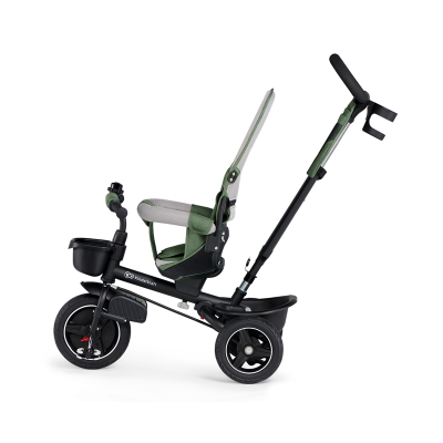 Triciclo infantil preto com assento verde e barra de empurrar ajustável