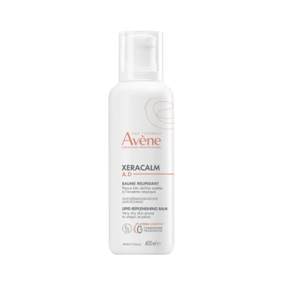 Frasco branco de 400 ml de bálsamo relipidante Avène Xeracalm A.D com doseador