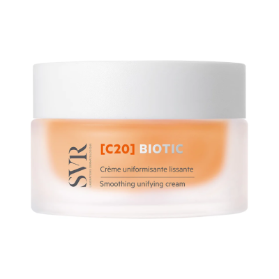 Frasco de creme facial SVR C20 BIOTIC com tampa branca e creme laranja