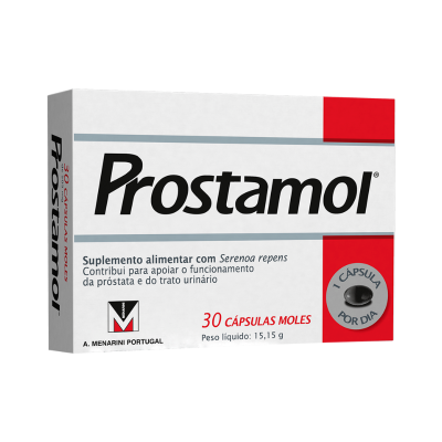 Embalagem do suplemento Prostamol com 30 cápsulas moles
