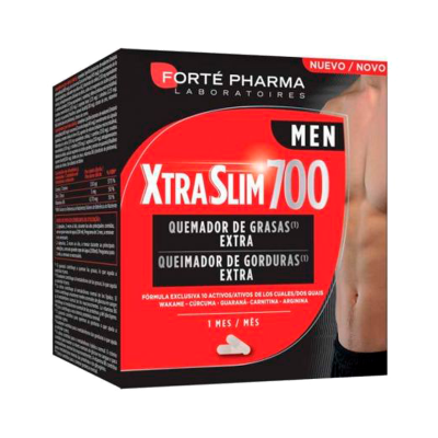 Embalagem de suplemento Xtra Slim 700 para homens, preta e vermelha, com texto e cápsula ilustrada