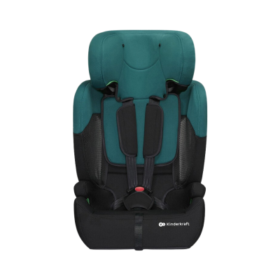 Cadeira auto infantil Kinderkraft verde e preta com cintos de segurança acolchoados