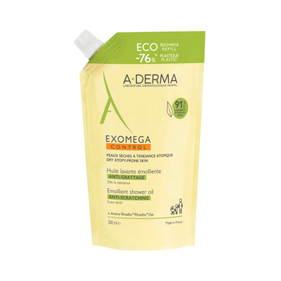 Embala de recheio ecológica amarela e verde A-DERMA Exomega Control 500 ml
