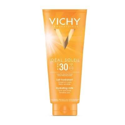 Frasco laranja de leite hidratante Vichy Idéal Soleil SPF 30 para rosto e corpo.