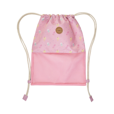 Mochila saco rosa com padrão de gelados coloridos e bolsos frontais cor de rosa.