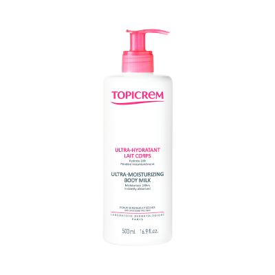 Frasco branco de loção corporal com doseador rosa Topicrem