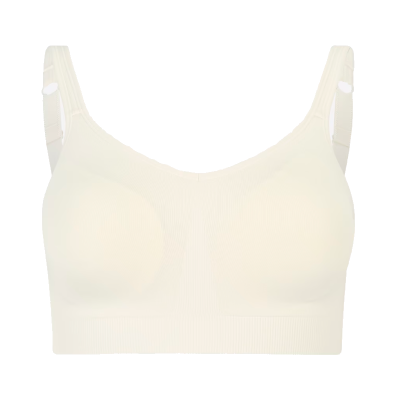 Top desportivo feminino creme com alças ajustáveis em fundo branco