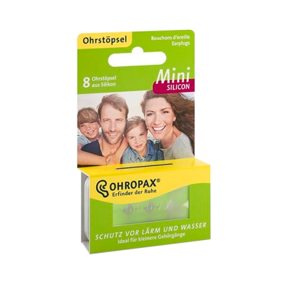 Embalagem verde e amarela de tampões de ouvido OHROPAX Mini Silicon com foto de família