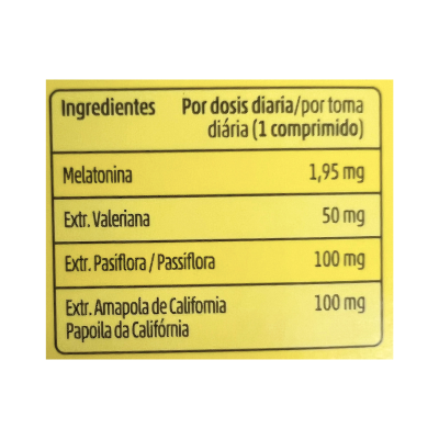 Etiqueta amarela com ingredientes e doses diárias em comprimido