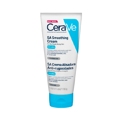 Tubo branco de creme CeraVe SA Smoothing Cream com tampa azul e texto em inglês e espanhol