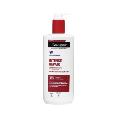 Frasco branco de loção corporal Neutrogena Intense Repair com tampa de bomba vermelha