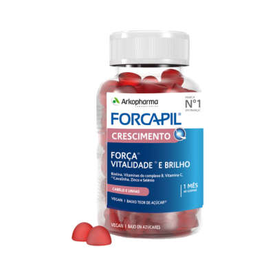 Frasco de suplemento Forcapil Crescimento da Arkopharma com gomas vermelhas.