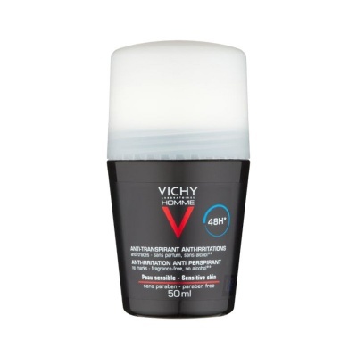 Desodorizante roll-on Vichy Homme preto com tampa branca e texto colorido