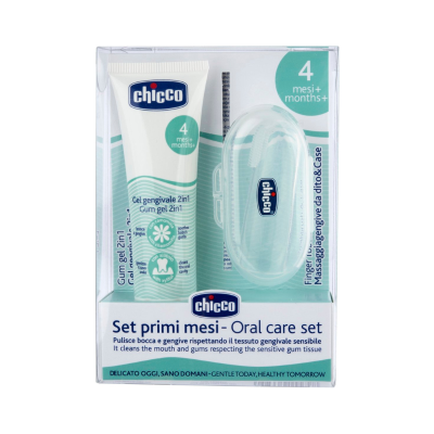 Conjunto Chicco para cuidados orais com gel gengival e massageador de dedo