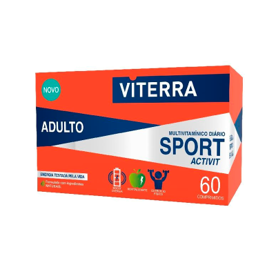 Embalagem retangular multivitamínico Viterra Sport para adultos, cor laranja, azul e branco, 60 comprimidos