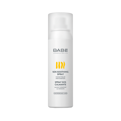 Frasco branco de spray BABÉ SOS SOOTHING com texto em preto e amarelo