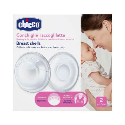 Caixa de conchas recolhedoras de leite Chicco com imagem de mãe e bebé