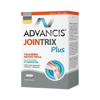 Caixa branca e cinzenta de suplemento Advancis Jointrix Plus para articulações.