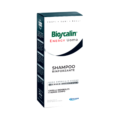 Embalagem de shampoo Bioscalin Energy Uomo branco e azul escuro